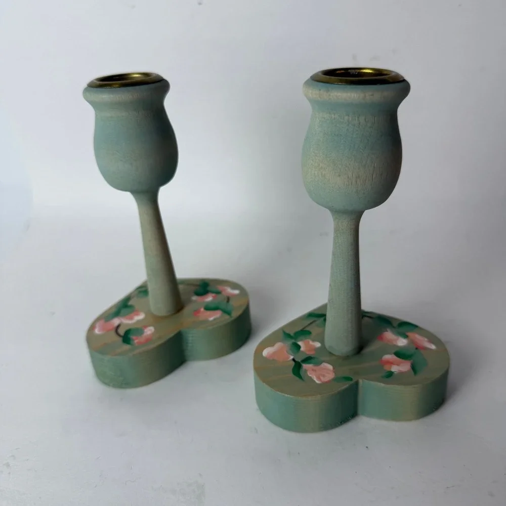 Vintage Hand Painted Wood Heart Taper Candle Holders Light Green Floral Set of 2